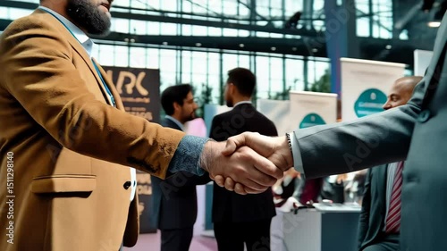 Diverse business people shaking hands, making deal during conference in modern convention center. Business partnership and success concept.