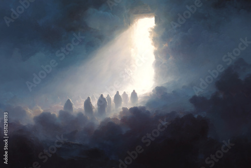 a group of people standing in a dark sky