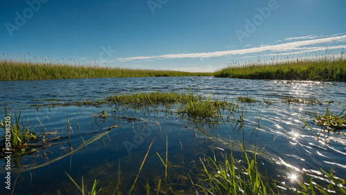 A flooded grassland under a clear summer sky creating a reflective layer where blades of grass pierce through the water surface, shot from ground level looking straight ahead to maintain