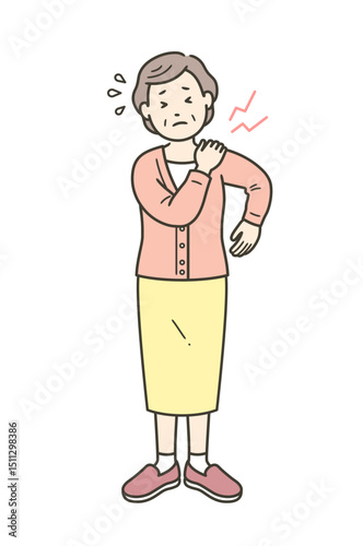 肩こりや肩の痛みで手を当てる高齢女性のイラスト