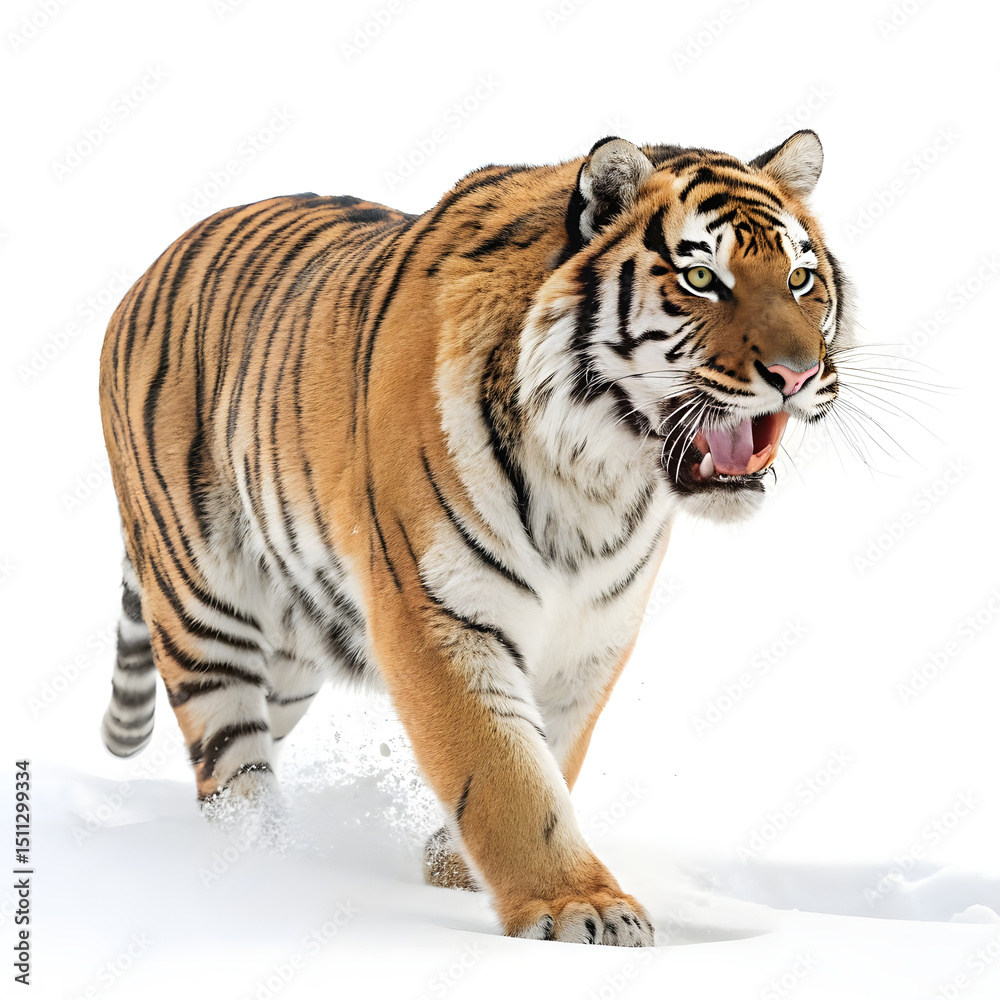Fototapeta premium A roaring tiger facing forward with its body slightly angled, showing detailed fur and an intense expression.
