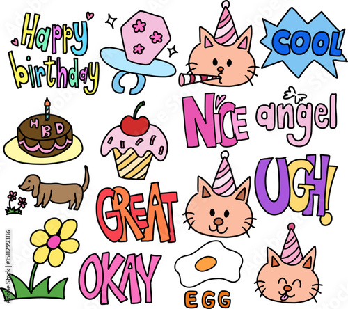 Cute hand drawn illustrations of cat wearing party hat, birthday cake, cupcake, puppy, flowers, egg, pink candy ring, happy birthday letters for cartoon, characters, comic, stickers, sweet desserts