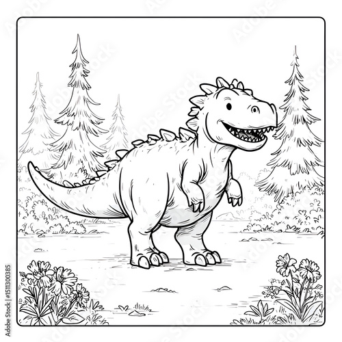Cute Cartoon Dinosaur Coloring Adventure in a Forest Landscape: Engaging Prehistoric Character Art for Kids with Friendly Spikes, Vibrant Nature Scenery, and Imaginative Fun