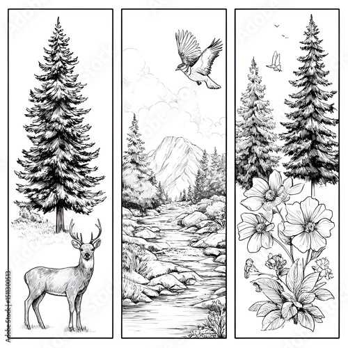 Tranquil Black and White Sketch of Serene Nature: Artistic Landscape with Trees, Deer, Mountains, River, Flowers, and Wildlife in a Peaceful Outdoors Habitat