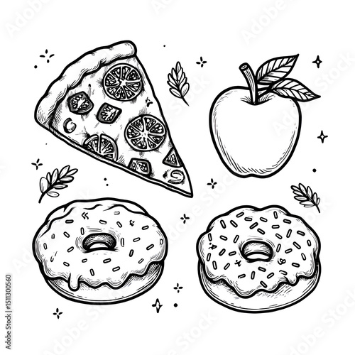 Whimsical Hand-Drawn Pizza Slice Illustration with Toppings, Cheese, Crust, and Donut Dessert: A Colorful Indulgence in Culinary Style and Comfort Food Aesthetics for Happy Snacking
