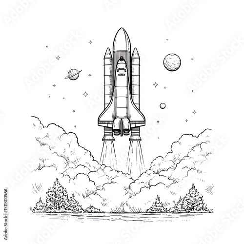 Futuristic Rocket Launch Adventure in Space: Minimalist Illustration of Aerospace Exploration, Vehicle Technology, and Science Journey through Clouds and Stars in the Universe