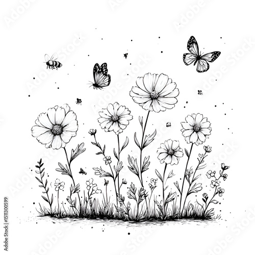 Whimsical Black and White Floral Sketch Illustration of Nature's Beauty with Butterflies and Bees in a Delicate Garden Landscape: Artistic Doodle Art of Wildflowers, Plants, and Pollination