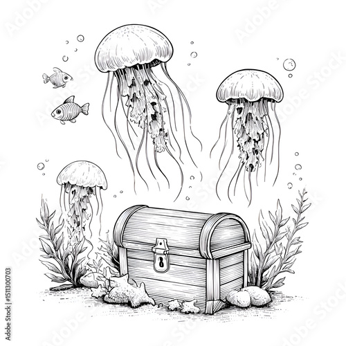 Exploring the Enigmatic Underwater World: Jellyfish, Ocean Life, Treasures, and Marine Adventures in Surrealism and Beauty of the Ocean Floor Ecosystem