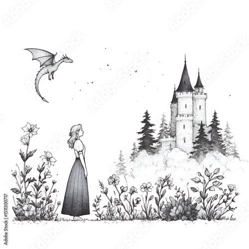 Whimsical Dragon Castle Adventure: Enchanting Fantasy Illustration of a Girl in a Magical Forest with Serene Nature, Elegant Details, and Mythical Creatures in a Dreamlike Landscape