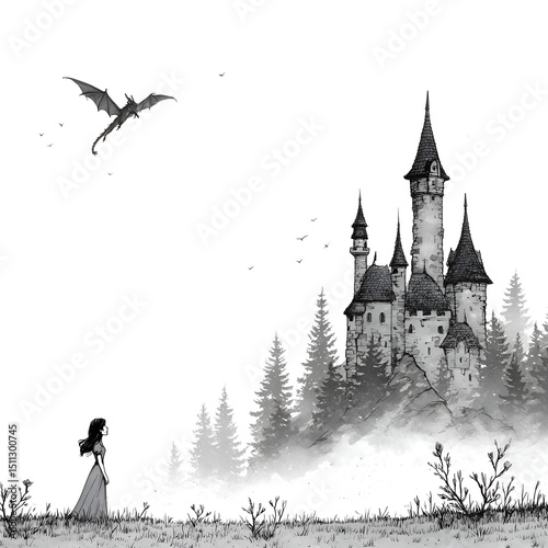 Enchanted Castle in Fantasyland: A Gothic Tale of a Dragon and Girl in Silhouette within an Eerie Forest Landscape of Mist, Wings, and Shadows - A Whimsical Adventure in Nature