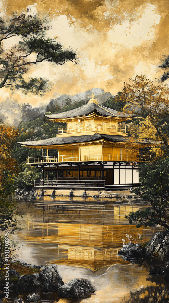 Fototapeta premium Traditional Japanese Temple Wooden Pagoda Golden Reflection Water Tranquil Nature Scenic Landscape Serenity Cultural Heritage Architecture Zen Peaceful Summer Autum Artistic Detail Craftsmanship