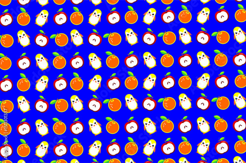 Seamless pattern featuring cute yellow birds, red apples, and orange fruits. This vibrant and playful design is perfect for children's products, textiles, wallpapers, and digital backgrounds.