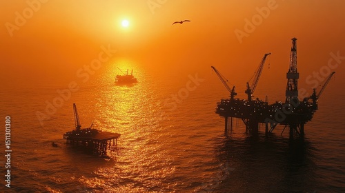 Crude oil flowing through pipeline system connected to a drilling rig under industrial lighting