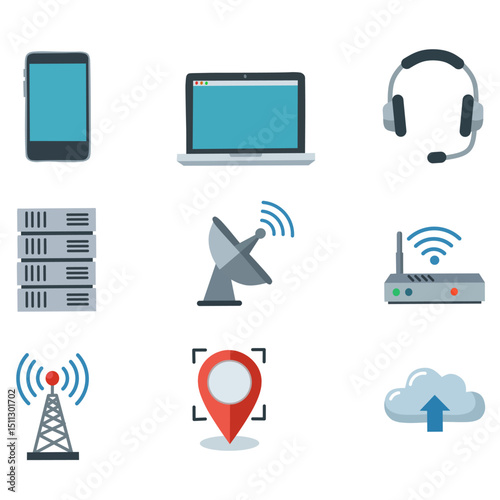 Set of flat design technology icons including smartphone, laptop, headset, server, satellite dish, Wi-Fi router, cell tower, GPS pin, and cloud upload. Modern vector icons for communication, internet,