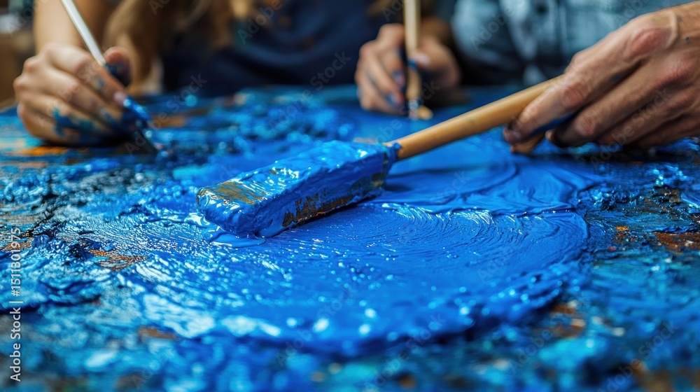 Obraz premium Hands painting with blue paint