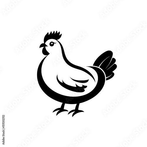 Simple chicken icon in side profile with detailed feathers and beak in black silhouette style
