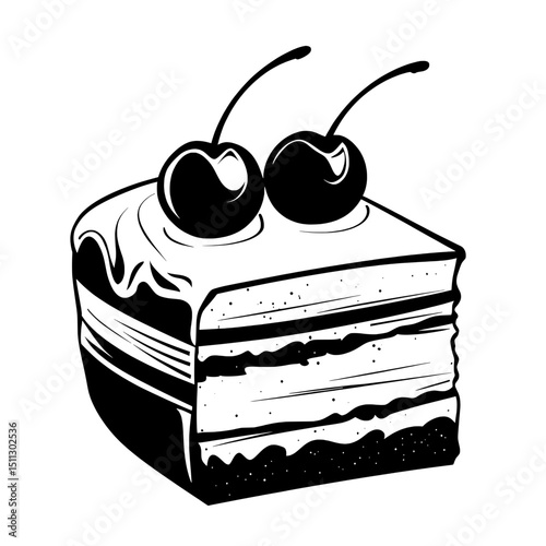Cake slice icon with cream and cherry topping in black and white outline for bakery content