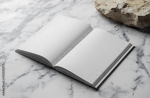 Open Blank Notebook Mockup on Marble Surface with Rock

