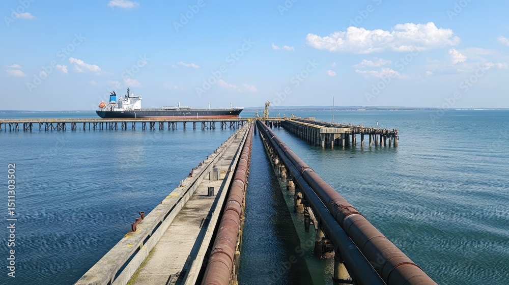 Obraz premium Jetty connected to a fuel export terminal, with pipes stretching over water to a cargo vessel