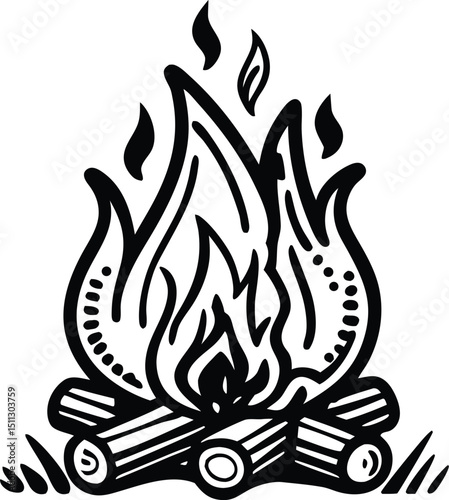 Hand Drawn Bonfire Illustration with Burning Flames and Logs in Black and White