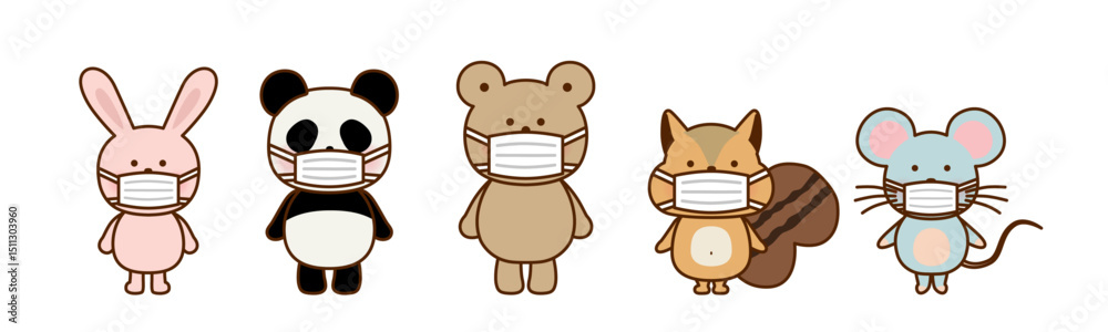 Naklejka premium マスクをしたかわいい動物たちのイラストセット（ベクター素材）