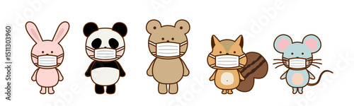 マスクをしたかわいい動物たちのイラストセット（ベクター素材）