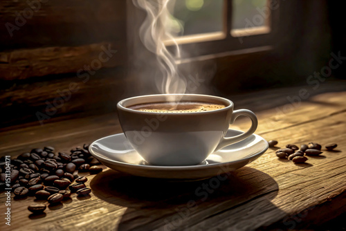A cup of espresso served in a white ceramic cup on a rustic wooden table.