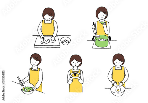 料理をしている女性の手描きイラストセット