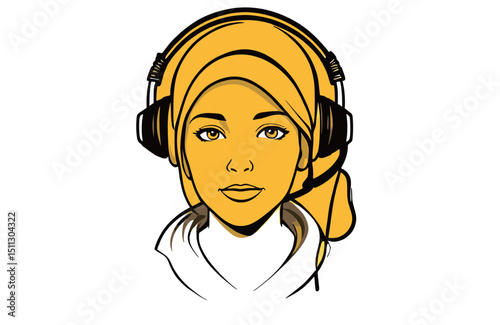 Empowered Muslim Woman DJ Inspiring Headphone Icon Illustration,  Audio Enthusiast,  Music Producer,  Podcast Host,  Female Strength