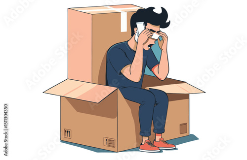 Overwhelmed Man Sitting in Cardboard Box, Feeling Stress and Anxiety Illustration of Modern Life's Challenges