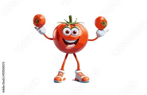 Cheerful Cartoon Tomato Character Juggling, Happy Red Tomato Mascot Illustration, Perfect for Food Brands, Recipes, and Kids Content