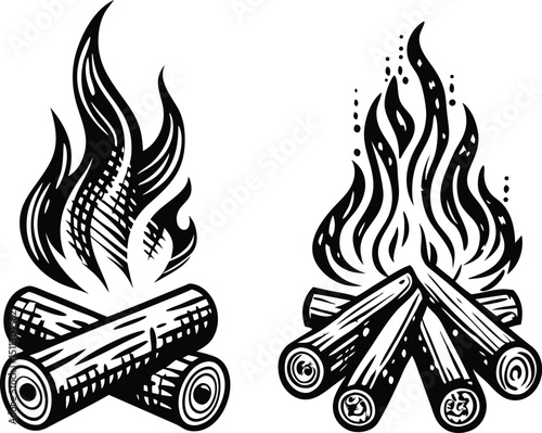 Two Black and White Campfire Illustrations with Wood Logs and Flames