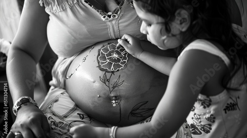 Tiny Hands, Growing Love: A Heartwarming Scene of a Little Boy and Girl Drawing on Their Pregnant Mother’s Belly – Crafting Memories Before Baby Arrives. Witness the tender bond of a family-in-the-mak