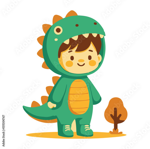Funny Shiba Cosplaying Dinosaur – Cartoon Animal Costume Set - Kawaii Shiba Inu in Dino Kigurumi – Vector Art for Stickers - Smiling Shiba in Dinosaur Hoodie– Flat Vector Dog Illustration