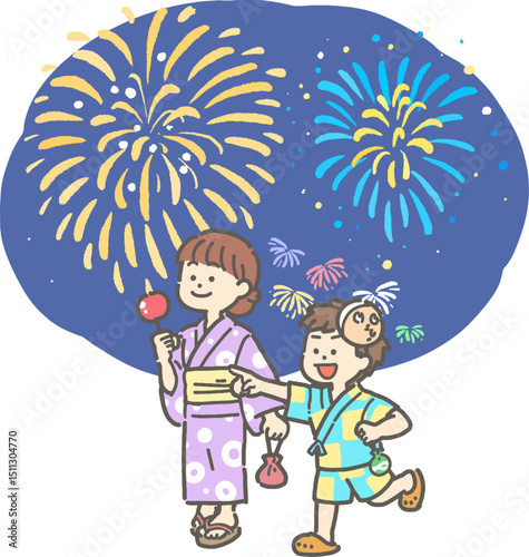 浴衣を着て花火を見る子供のイラスト
