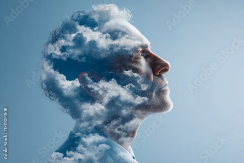 AI startup founder face blended with cloud computing networks on light blue background, SaaS innovation