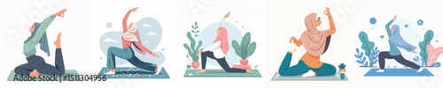 vector woman wearing hijab yoga movement