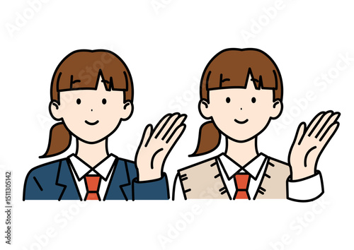 ポニーテールの女子高生 ブレザー ベスト ネクタイ こちら