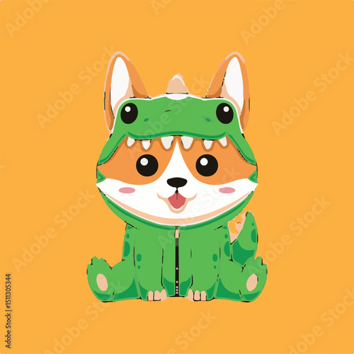 Happy Shiba with Dinosaur Hoodie – Cute Animal Character Design - Kawaii Shiba Inu Cosplay as Dino – Vector Clipart Set - Shiba Inu in Cute Dino Pajamas – Flat Cartoon Design