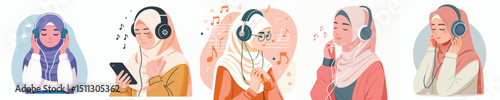 hijab woman character vector listening to music