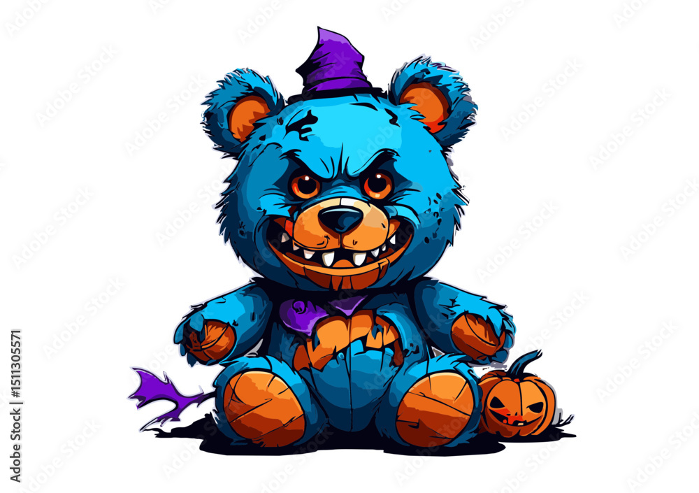 Obraz premium Frightening Halloween Blue Teddy Bear Illustration Spooky, Scary, and Creepy Cartoon Character Design