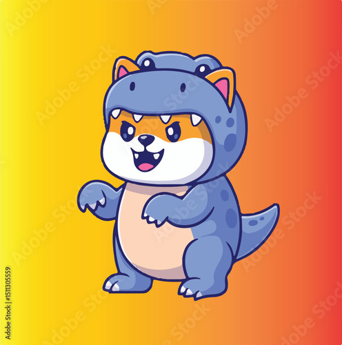 Cute Shiba Inu in Green Dinosaur Costume – Kawaii Dog Illustration - Adorable Shiba Inu Wearing Dino Outfit – Cartoon Style Vector - Shiba Inu Dressed as T-Rex – Funny Pet Costume Illustration 