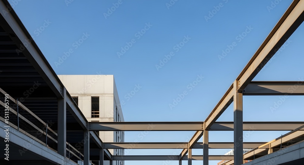 Minimalist construction site with exposed steel beams and clear sky Minimalist construction site with exposed steel beams and clear sky
