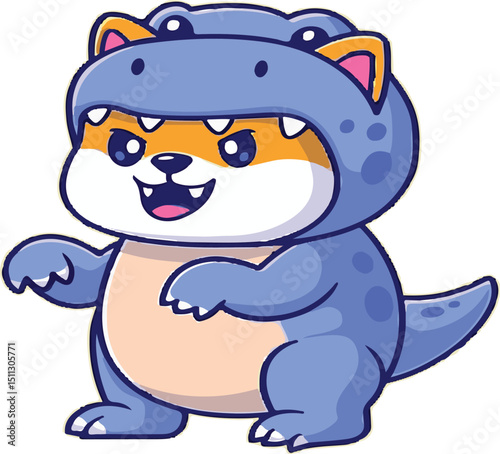 Cute Shiba Inu in Green Dinosaur Costume – Kawaii Dog Illustration - Adorable Shiba Inu Wearing Dino Outfit – Cartoon Style Vector - Shiba Inu Dressed as T-Rex – Funny Pet Costume Illustration 