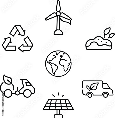 A clean and modern eco icon set in minimalist line art style. This collection includes various environmental and sustainability-themed icons