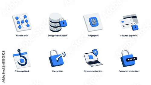 Isometric Cybersecurity Icon Set. Password, Encryption, Phishing, Fingerprint, Secure Payment, Pattern Lock. Editable Vector for App, Web, Infographics and Animation.