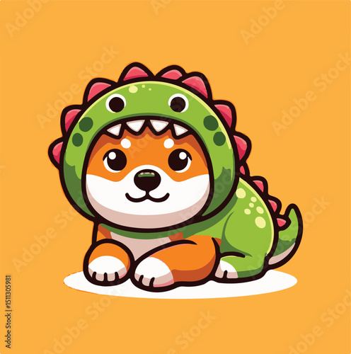 Cute Shiba Inu in Green Dinosaur Costume – Kawaii Dog Illustration - Adorable Shiba Inu Wearing Dino Outfit – Cartoon Style Vector - Shiba Inu Dressed as T-Rex – Funny Pet Costume Illustration 