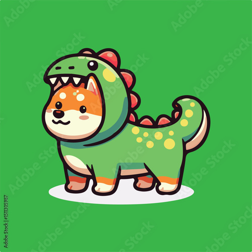 Cute Shiba Inu in Green Dinosaur Costume – Kawaii Dog Illustration - Adorable Shiba Inu Wearing Dino Outfit – Cartoon Style Vector - Shiba Inu Dressed as T-Rex – Funny Pet Costume Illustration 