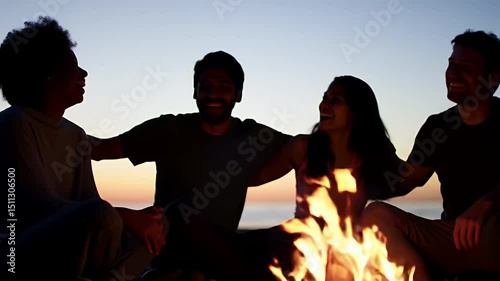 Group of Young People Sitting Laughing Together Around a Campfire at Dusk
