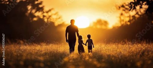 Silhouette of family walking at grass field on sunset. Father, son and daughter. Generative AI technology.	
